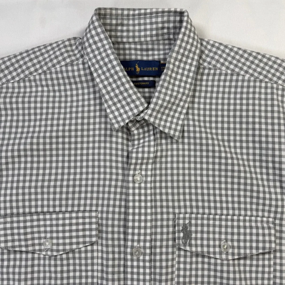 Polo Ralph Lauren Button Down Mens XXL Grey Excellent Gingham Custom Fit Shirt‎